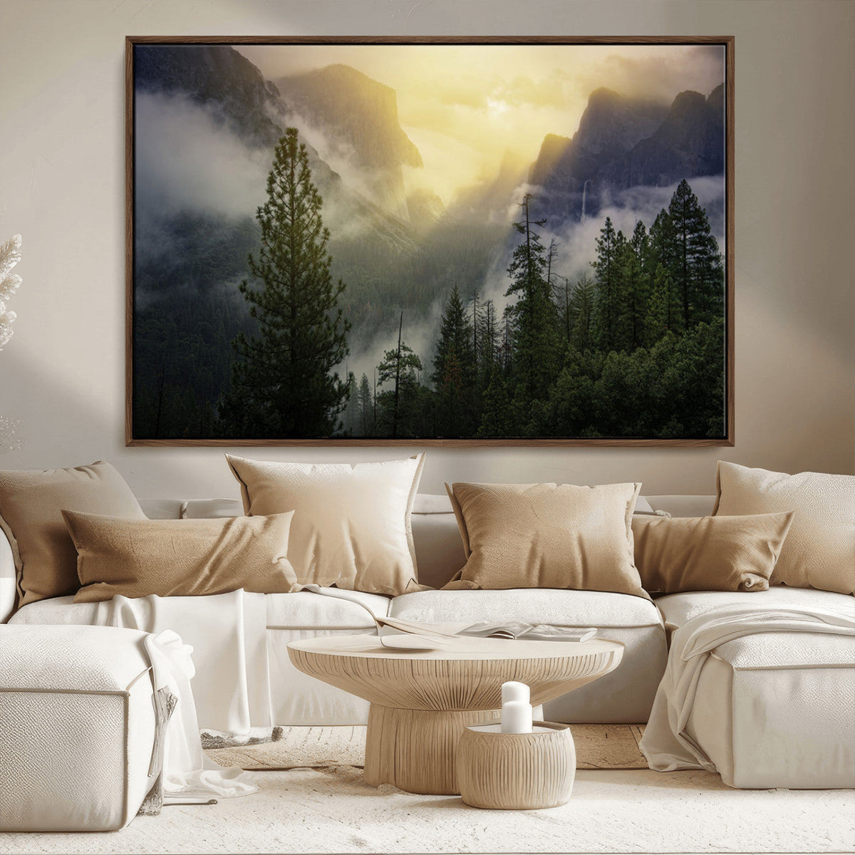 Misty Forest Sunrise Wall Art Canvas Print, Framed Mountain Valley Pine Trees