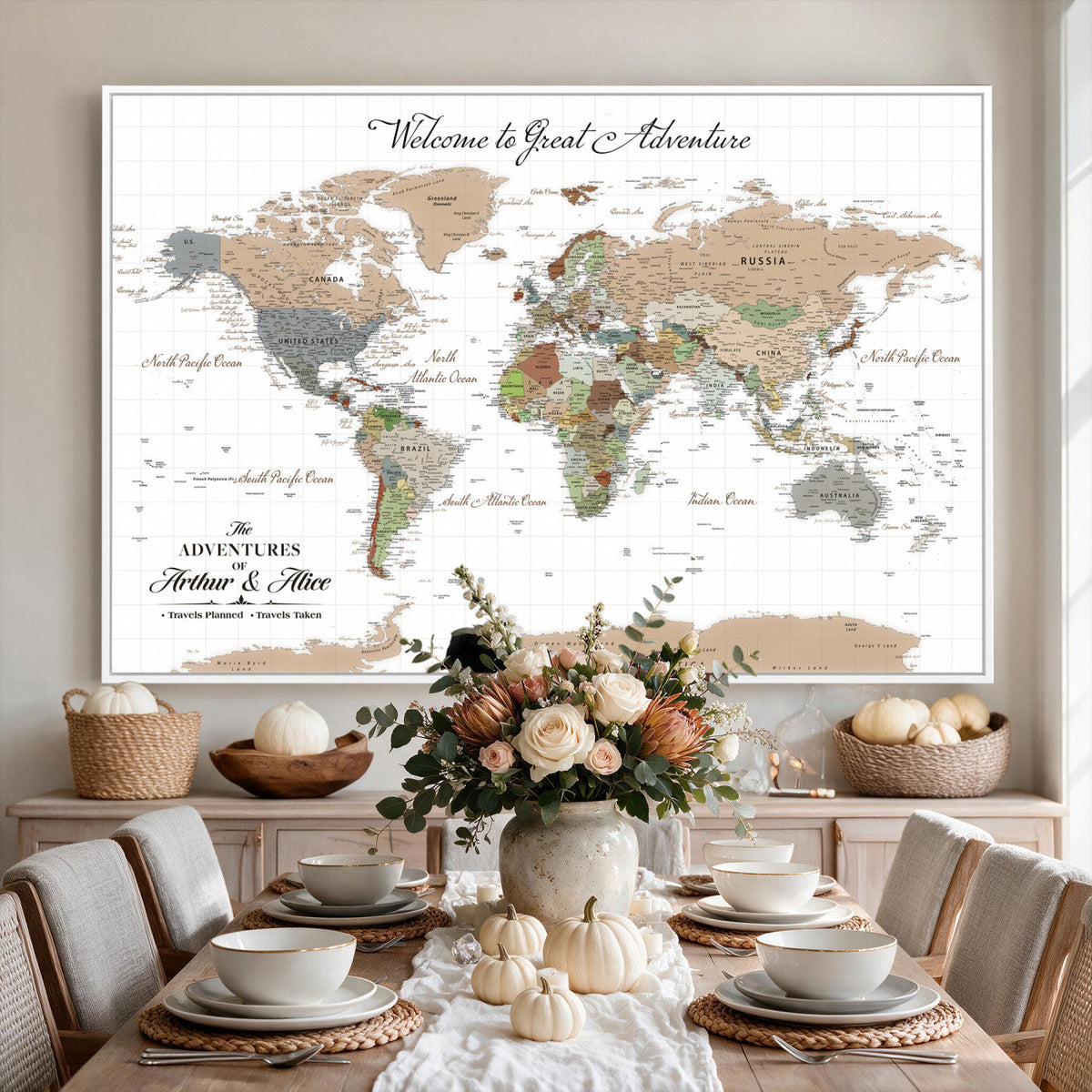 Custom Beige Push Pin World Map Wall Art, Bucket List Map, Study and Hallway Decor
