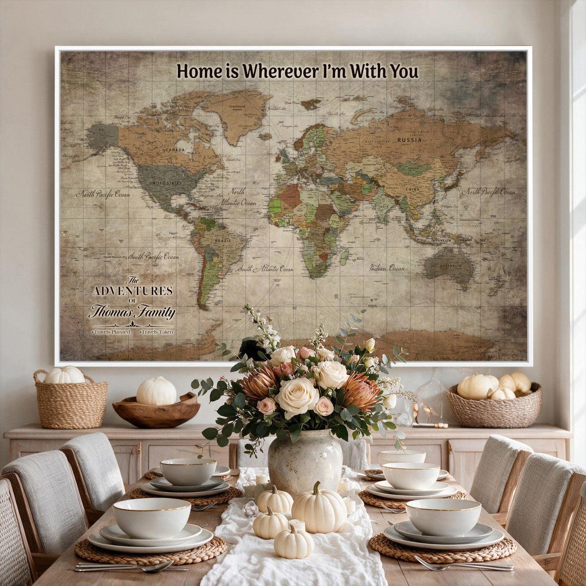 Personalized Beige Geometric World Map Canvas with Push Pins, Next Trip Planner Map, Study and Entryway Decor