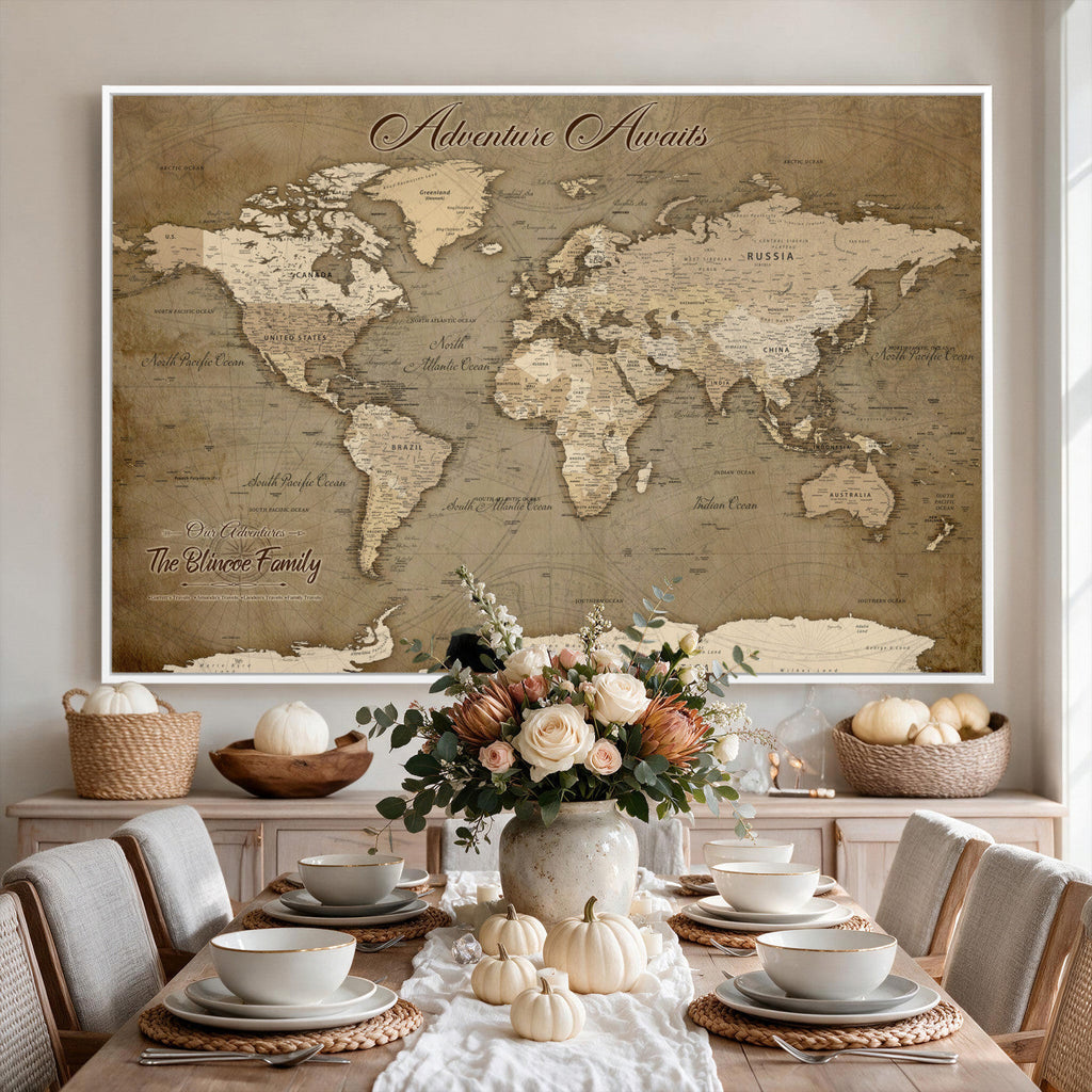 Custom Beige Modern Push Pin World Map Canvas Print, Family Travel Tracker, Dining Room and Home Office Decor