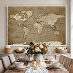 Custom Beige Modern Push Pin World Map Canvas Print, Family Travel Tracker, Dining Room and Home Office Decor