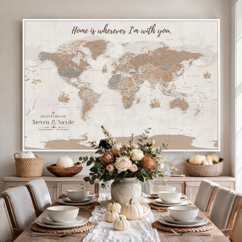 Personalized Beige Geometric Push Pin World Map Canvas Print, Countries Visited Map, Study and Home Office Decor