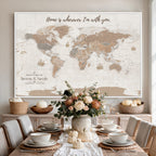 Personalized Beige Geometric Push Pin World Map Canvas Print, Countries Visited Map, Study and Home Office Decor