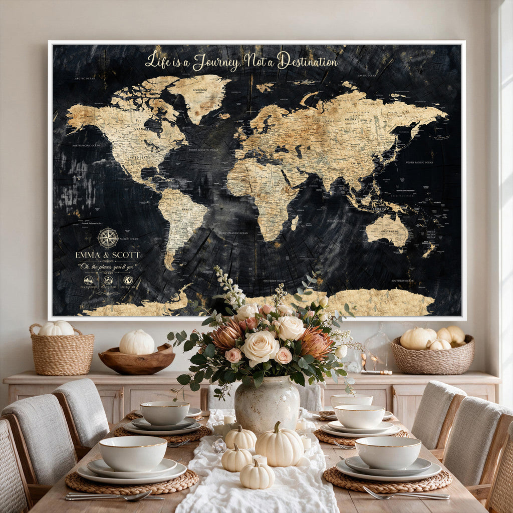 Personalized Framed Beige Push Pin World Map Wall Art, Bucket List Map, Living Room and Dining Room Decor