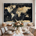 Personalized Framed Beige Push Pin World Map Wall Art, Bucket List Map, Living Room and Dining Room Decor