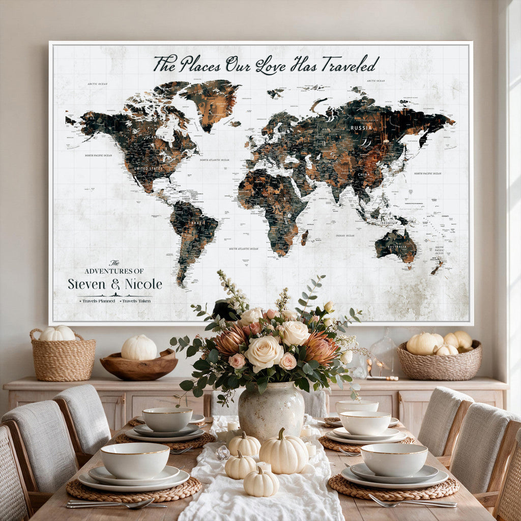 Custom Navy Geometric Push Pin World Map Canvas Print, Bucket List Map, Living Room and Home Office Decor