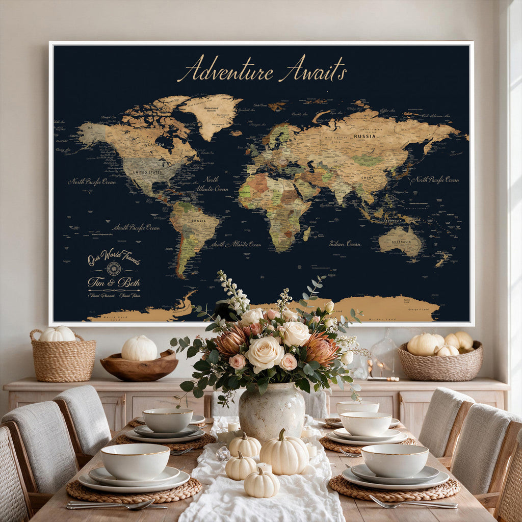 Personalized Navy Geometric World Map Canvas with Push Pins, Honeymoon and Anniversary Gift, Home Office and Hallway Decor