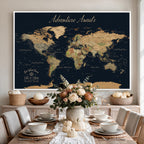 Personalized Navy Geometric World Map Canvas with Push Pins, Honeymoon and Anniversary Gift, Home Office and Hallway Decor