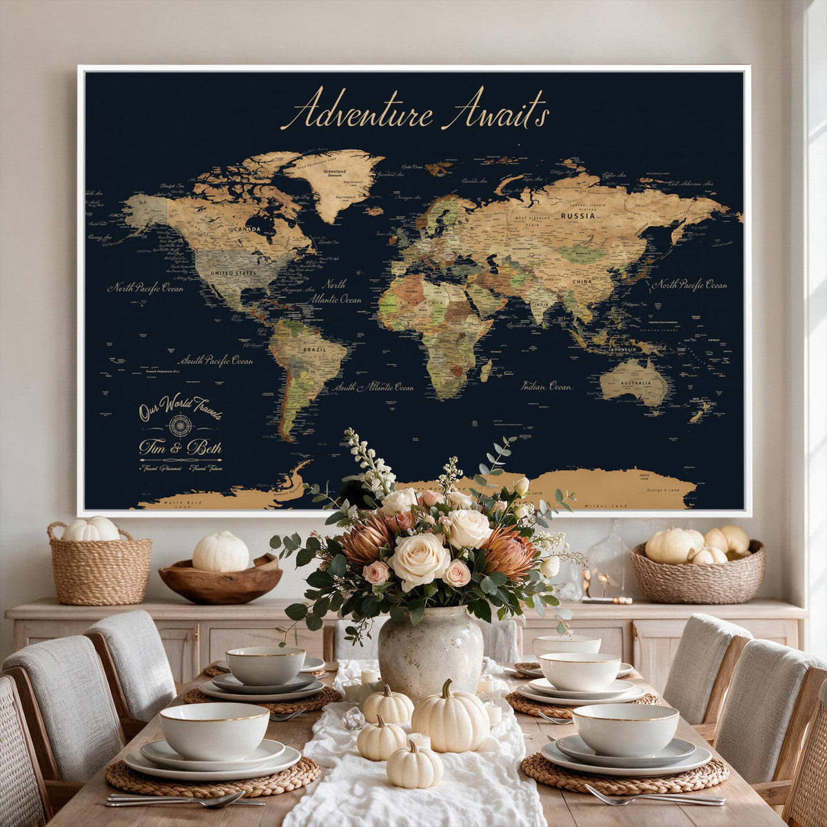 Personalized Navy Geometric World Map Canvas with Push Pins, Honeymoon and Anniversary Gift, Home Office and Hallway Decor