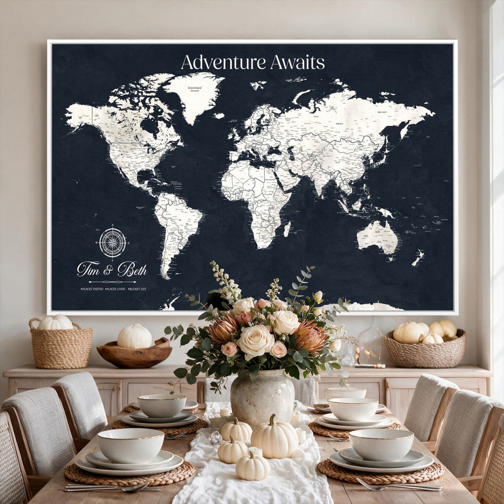 Custom World Map Wall Art Canvas Print | Personalized Push Pin Travel Tracker