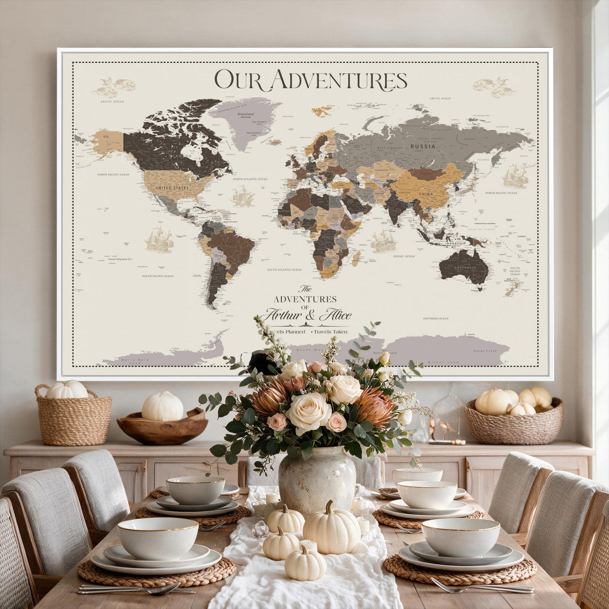 Personalized Travel Tracker Map with Pins, Framed World Map for Home and Office