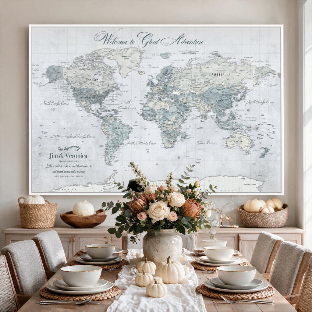 Personalized Beige Antique Push Pin World Map Canvas Print, Family Travel Tracker, Family Room and Entryway Decor