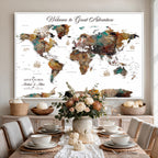 Custom Framed Beige Modern Push Pin World Map Wall Art, Couples Countries Visited Map, Study and Entryway Decor
