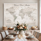 Personalized Beige World Map Canvas with Push Pins, Places Visited Tracker, Family Room and Entryway Decor
