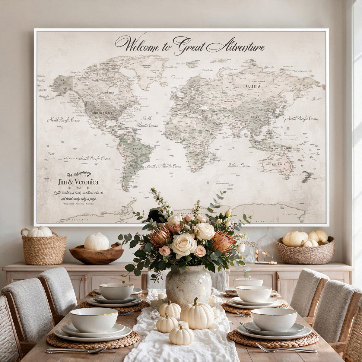 Personalized Beige World Map Canvas with Push Pins, Places Visited Tracker, Family Room and Entryway Decor