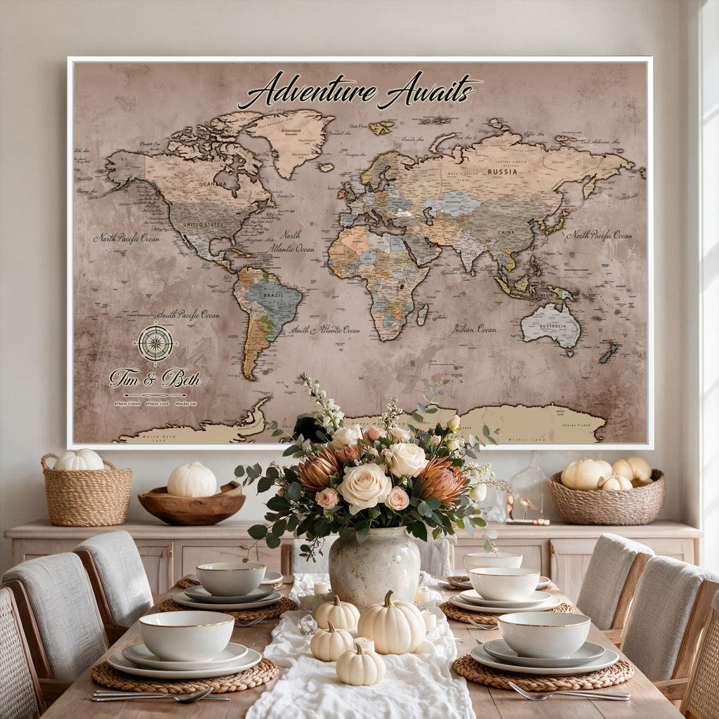 Custom Push Pin World Map Wall Art Canvas Print | Personalized Travel Tracker