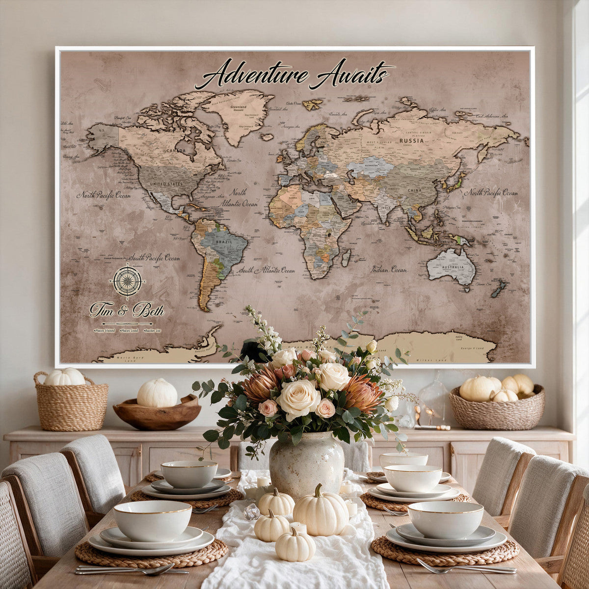 Custom Push Pin World Map Wall Art Canvas Print | Personalized Travel Tracker