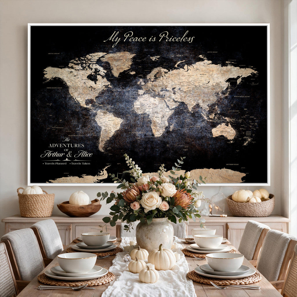 Personalized Beige World Map Canvas with Push Pins, Couples Countries Visited Map, Study and Hallway Decor