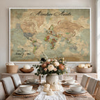 Custom Beige World Travel Map Wall Art with Pins, Bucket List Map, Dining Room and Study Decor