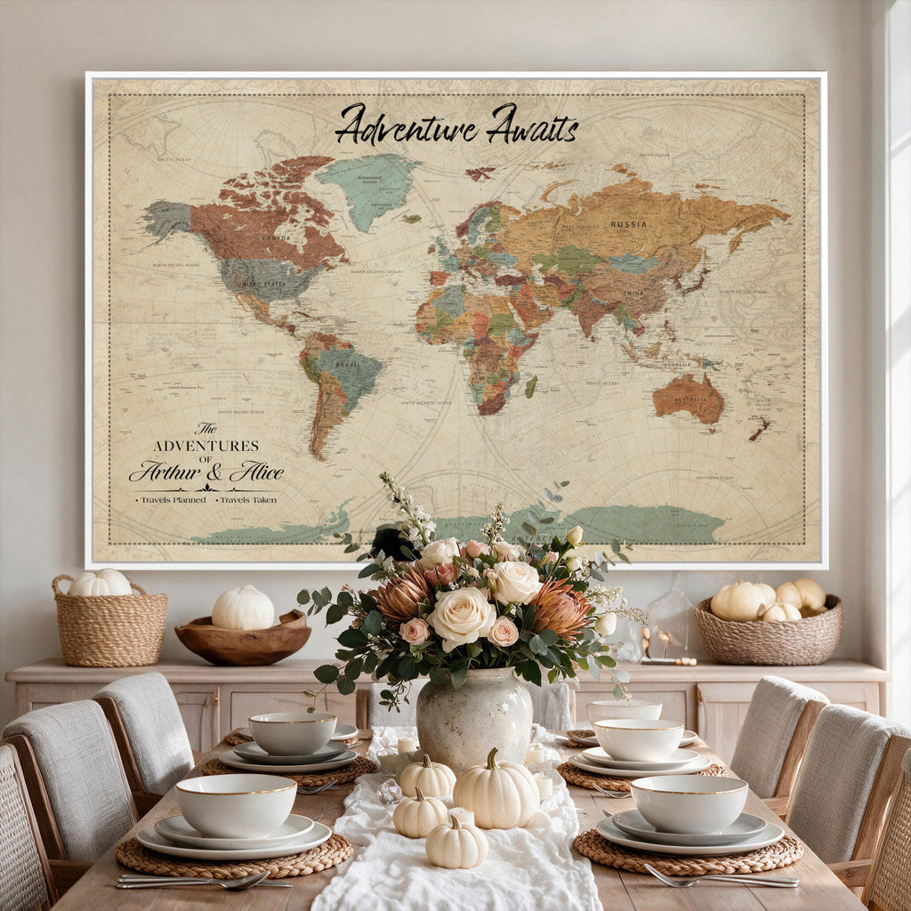 Custom Beige Push Pin World Map Canvas Print, Next Trip Planner Map, Family Room and Study Decor