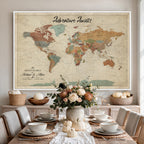 Custom Beige Push Pin World Map Canvas Print, Next Trip Planner Map, Family Room and Study Decor