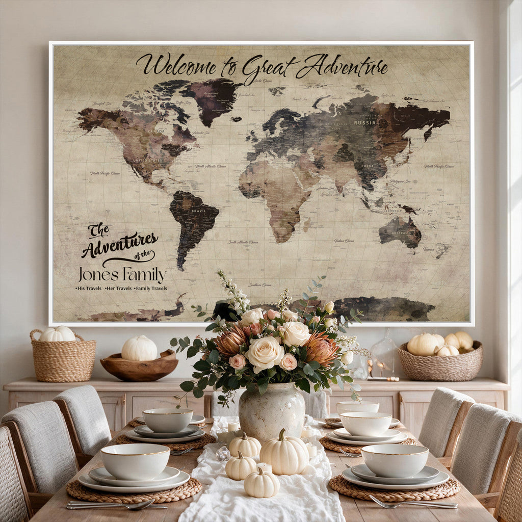 Custom Beige Modern Push Pin World Map Wall Art, Honeymoon and Anniversary Gift, Dining Room and Study Decor