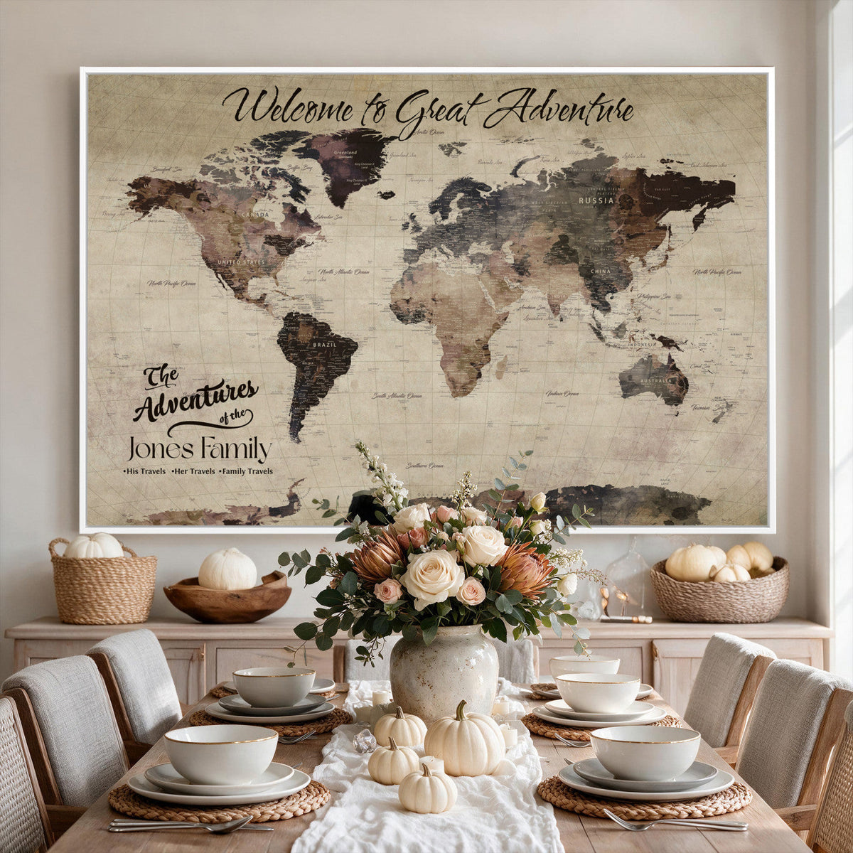 Custom Beige Modern Push Pin World Map Wall Art, Honeymoon and Anniversary Gift, Dining Room and Study Decor