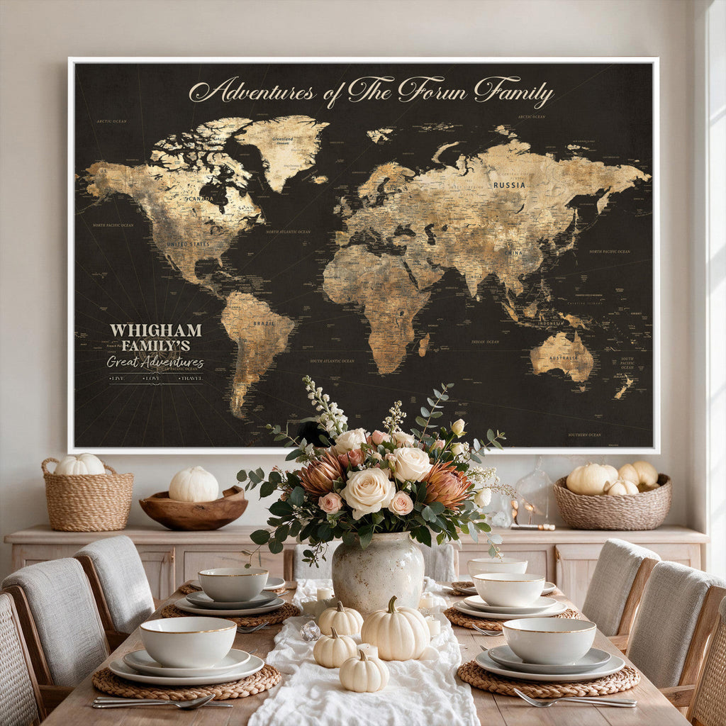 Personalized Framed Beige World Travel Map Wall Art with Pins, Couples Countries Visited Map, Family Room and Dining Room Decor