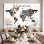 Custom Framed Beige Geometric World Travel Map Wall Art with Pins, Places Visited Tracker, Family Room and Home Office Decor