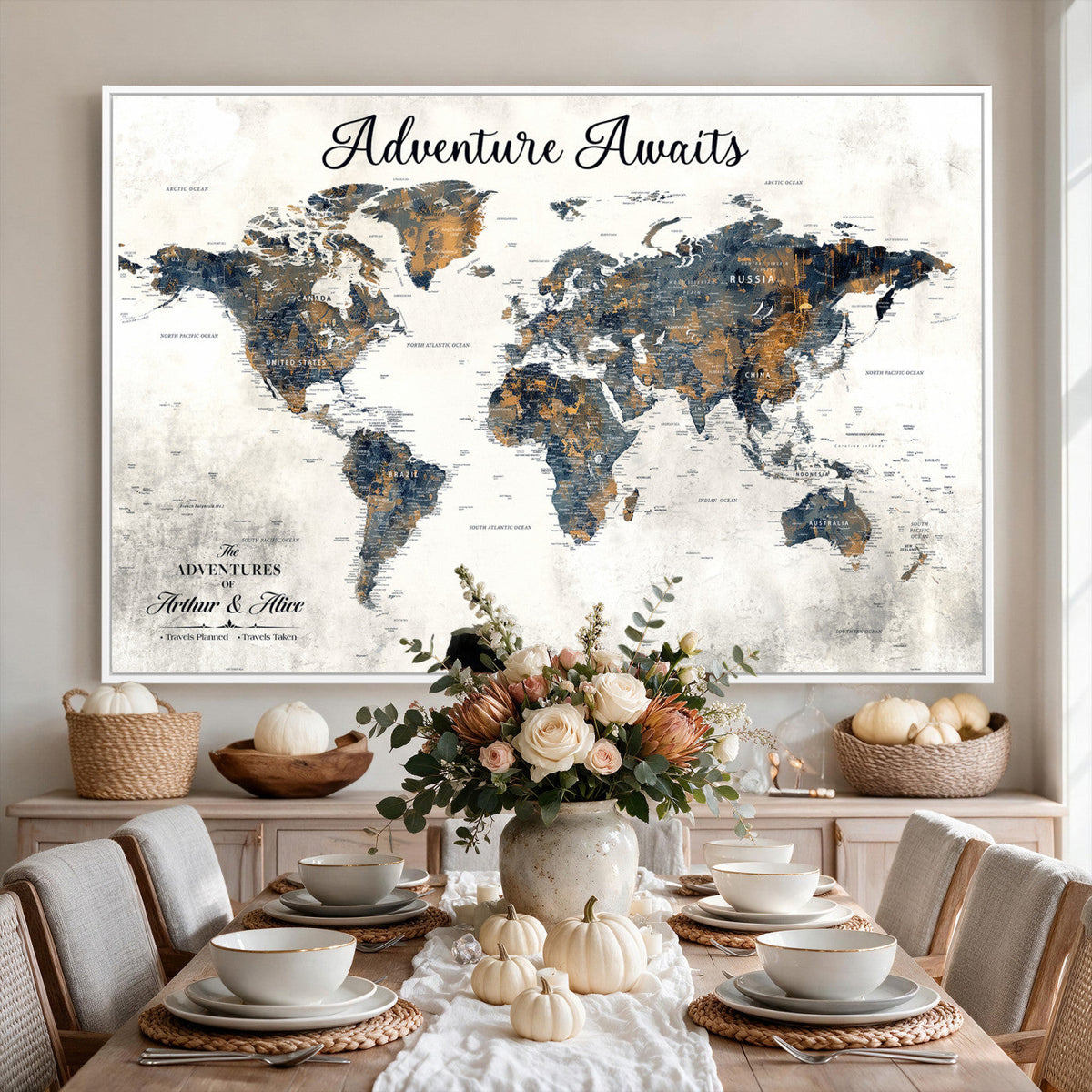 Custom Framed Beige Geometric World Travel Map Wall Art with Pins, Places Visited Tracker, Family Room and Home Office Decor