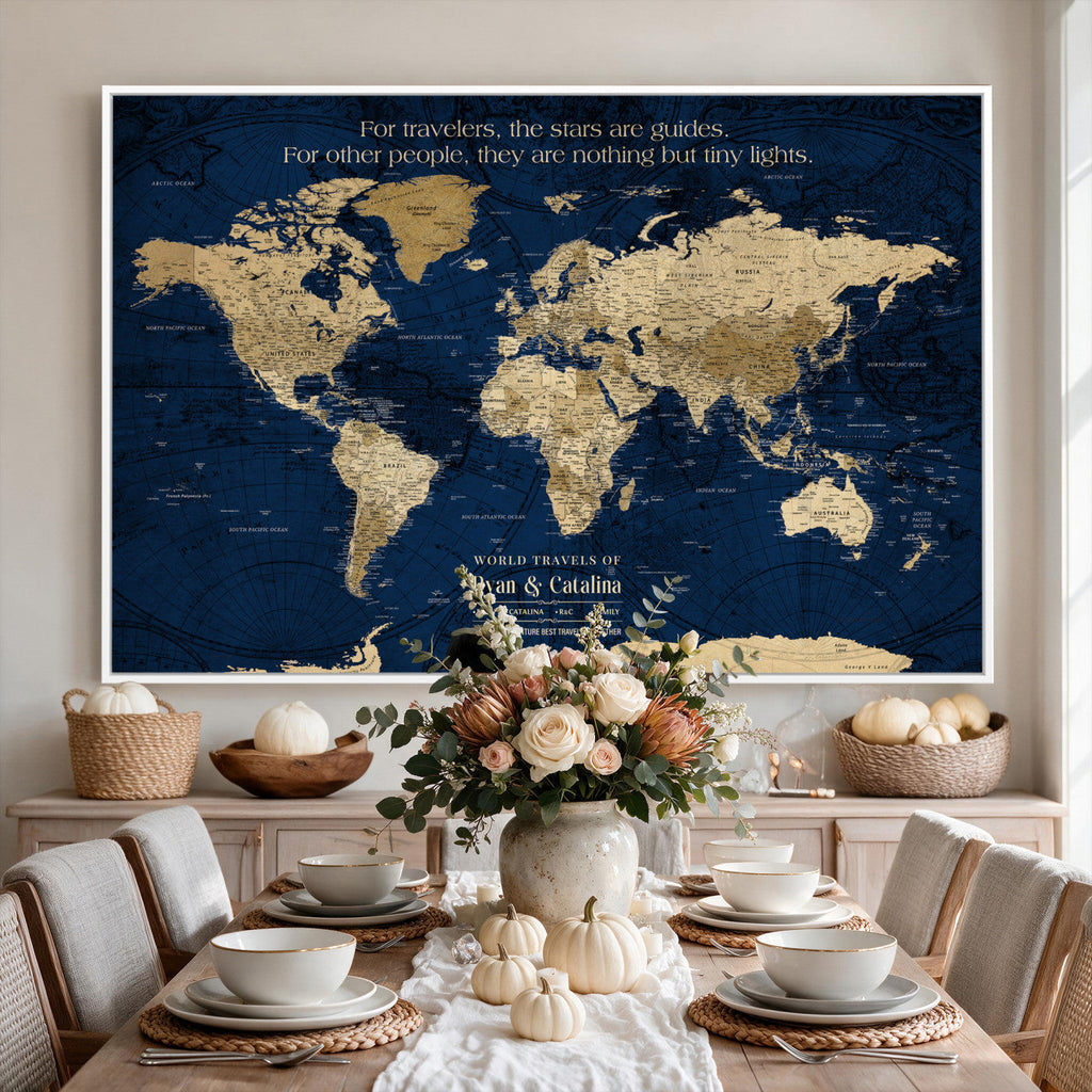 Personalized Framed Black Push Pin Travel Map Canvas Print, Next Trip Planner Map, Dining Room and Bedroom Decor