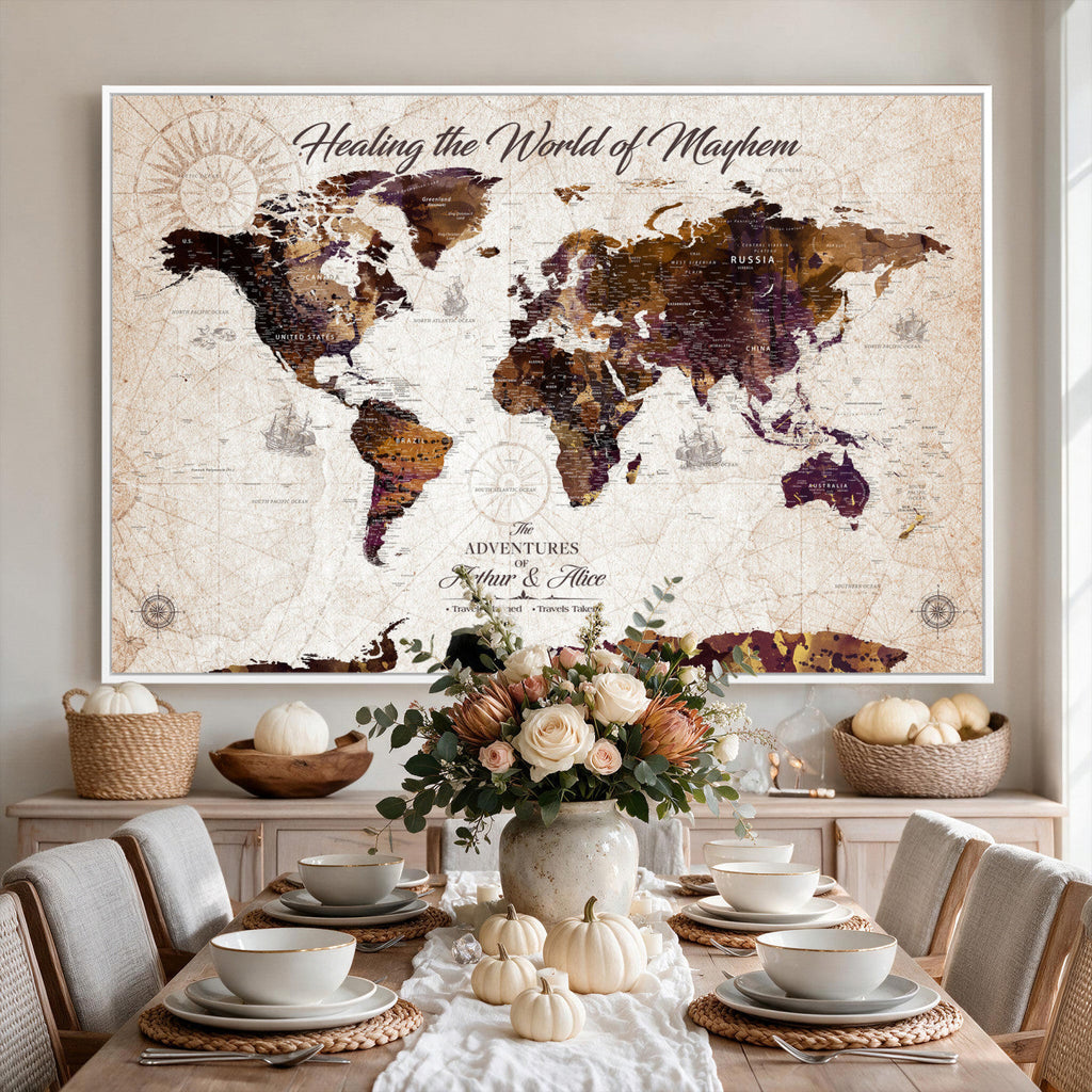 Personalized Framed Navy World Travel Map Wall Art with Pins, Honeymoon and Anniversary Gift, Living Room and Bedroom Decor