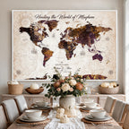 Personalized Framed Navy World Travel Map Wall Art with Pins, Honeymoon and Anniversary Gift, Living Room and Bedroom Decor