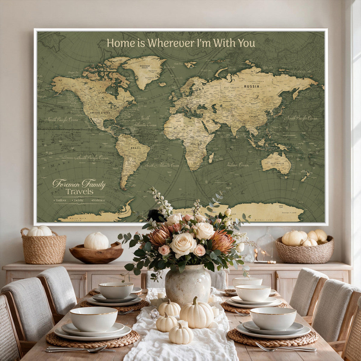 Personalized Framed Beige Geometric Push Pin World Map Canvas Print, Honeymoon and Anniversary Gift, Dining Room and Bedroom Decor