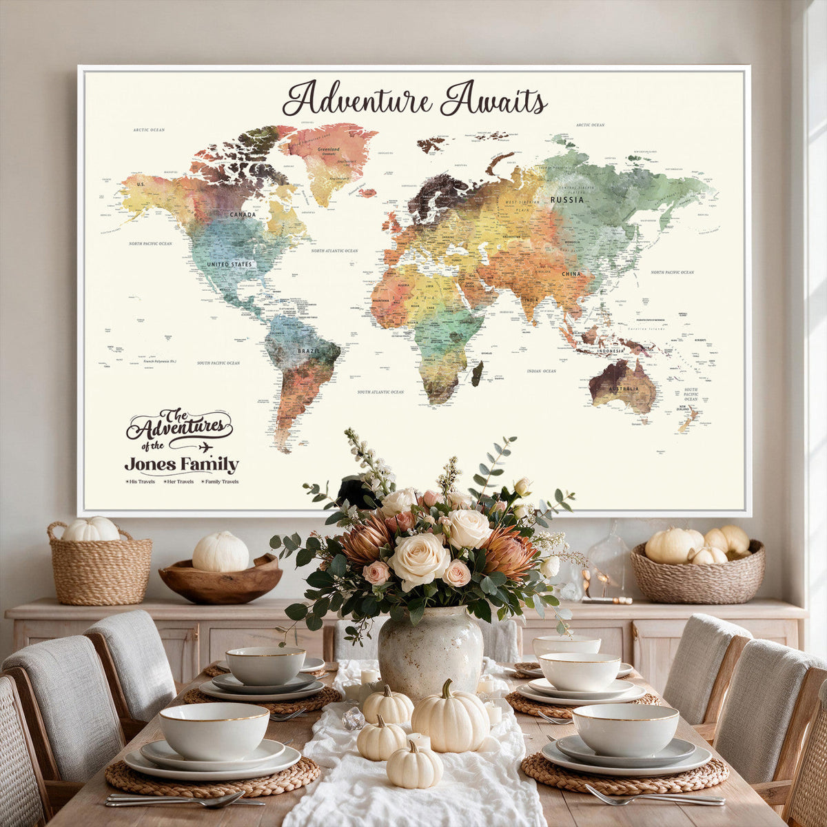 Custom Beige World Map Canvas with Push Pins, Honeymoon and Anniversary Gift, Dining Room and Entryway Decor