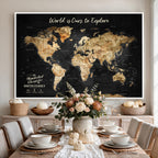 Personalized Framed Black Beige Modern World Travel Map Wall Art with Pins, Bucket List Map, Living Room and Hallway Decor