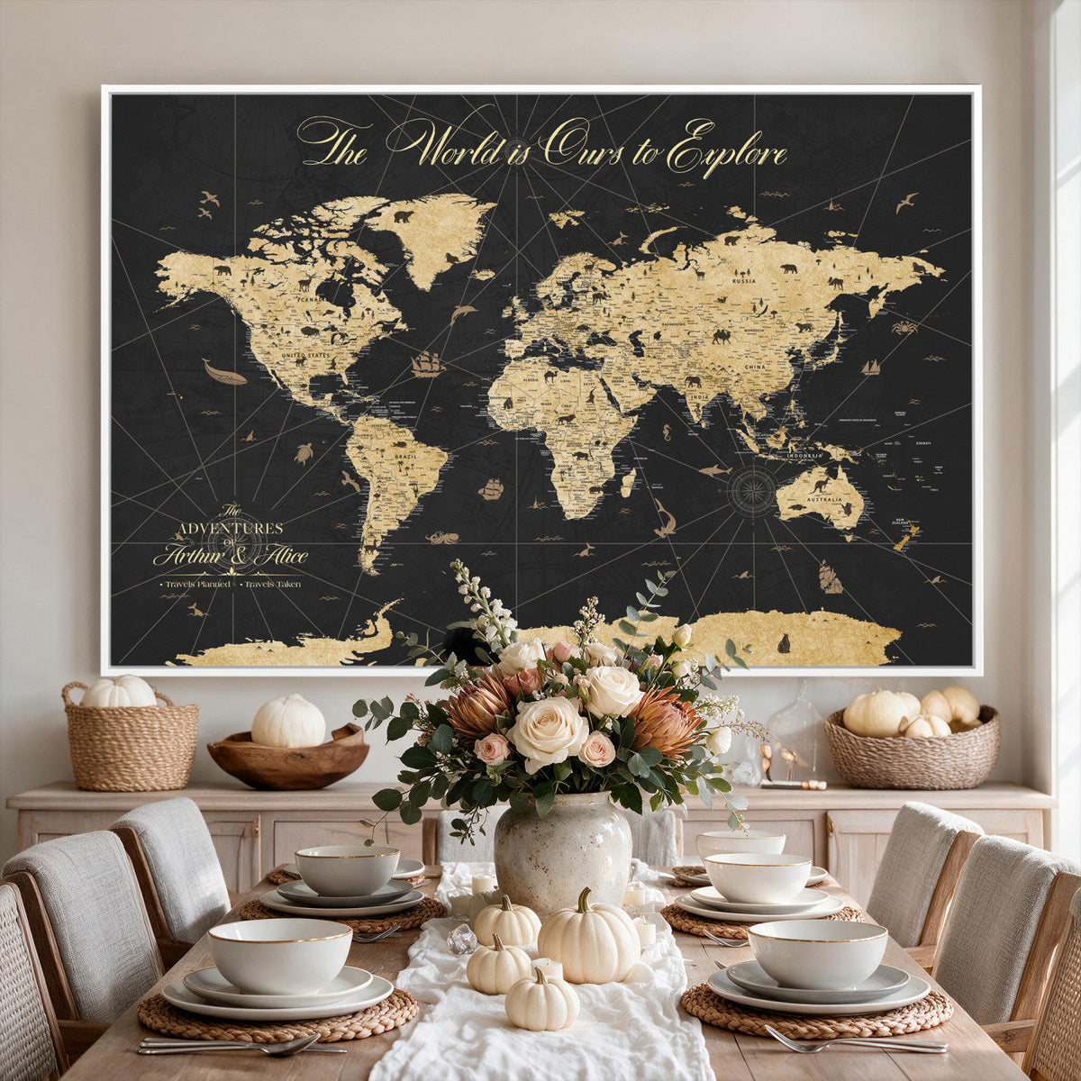 Custom Push Pin World Map Canvas Print, Couples Countries Visited Map, Living Room and Home Office Decor