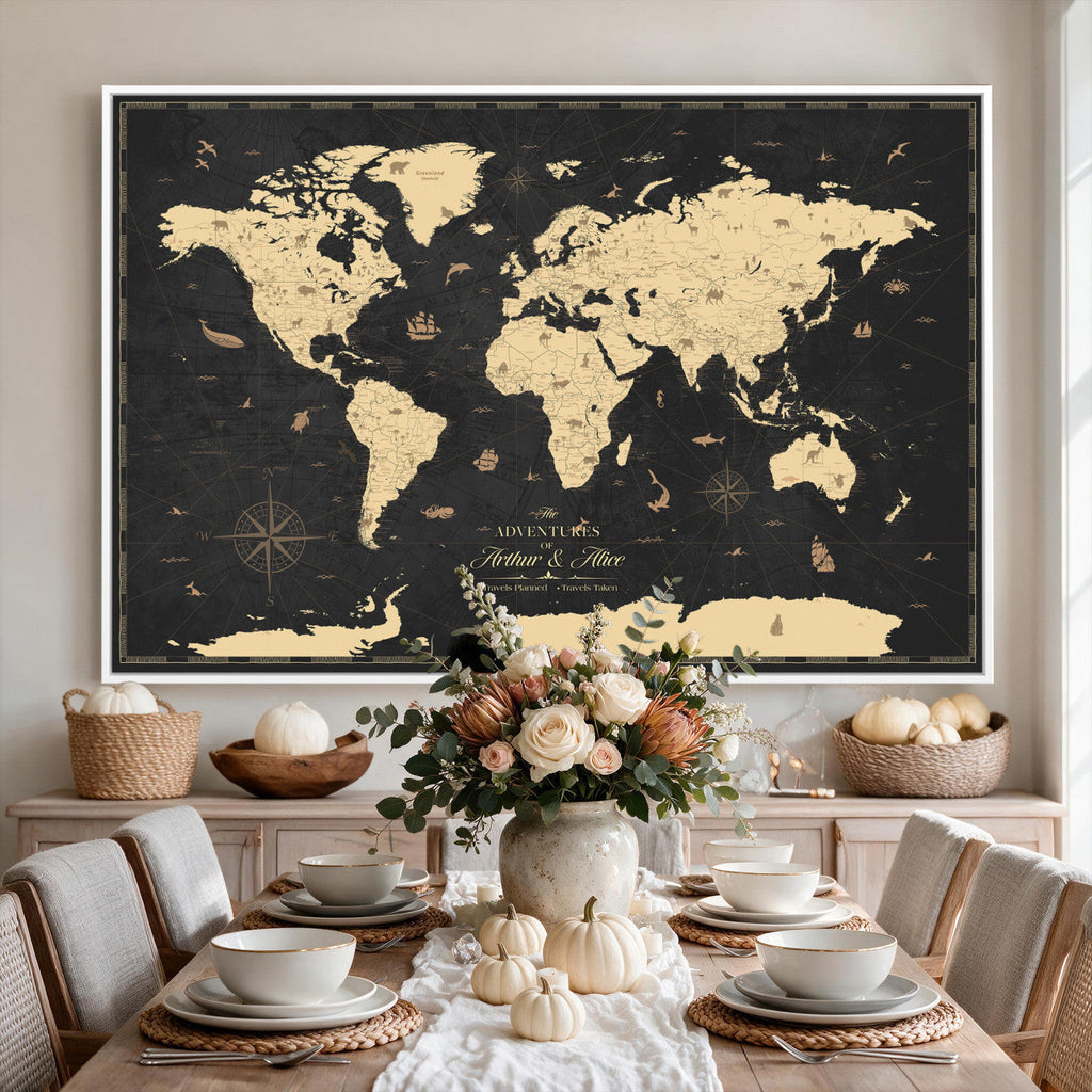 Personalized Beige Push Pin World Map Canvas Print, Places Visited Tracker, Home Office and Study Decor