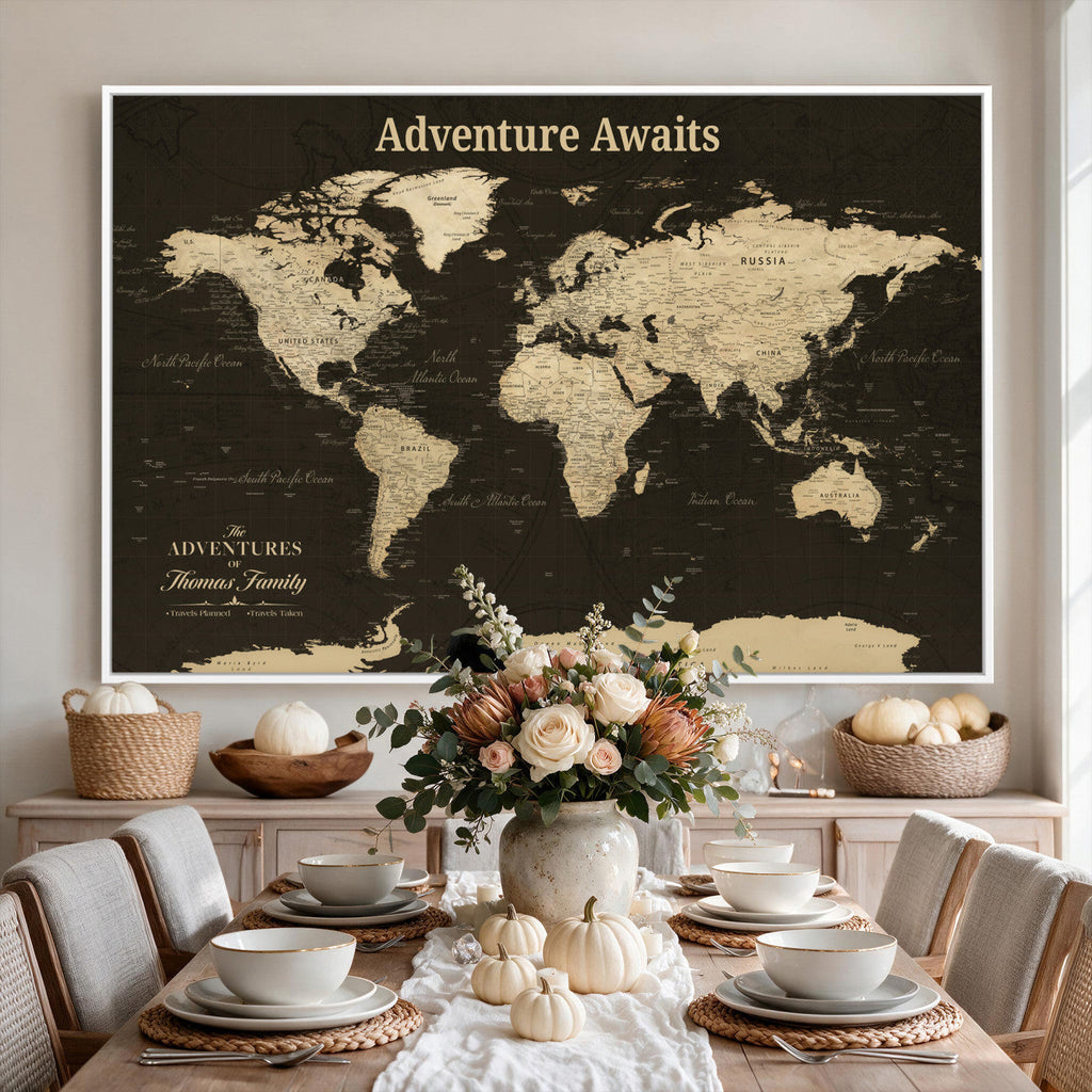 Custom Beige Push Pin World Map Wall Art, Next Trip Planner Map, Living Room and Home Office Decor
