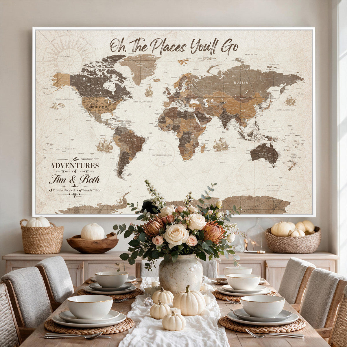 Custom Beige World Travel Map Wall Art with Pins, Couples Countries Visited Map, Living Room and Study Decor