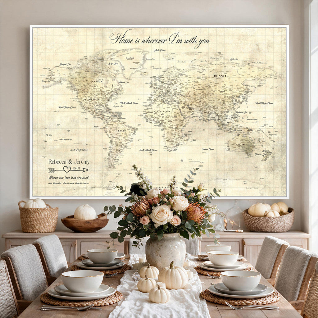 Personalized Beige Modern Push Pin World Map Wall Art, Honeymoon and Anniversary Gift, Bedroom and Study Decor