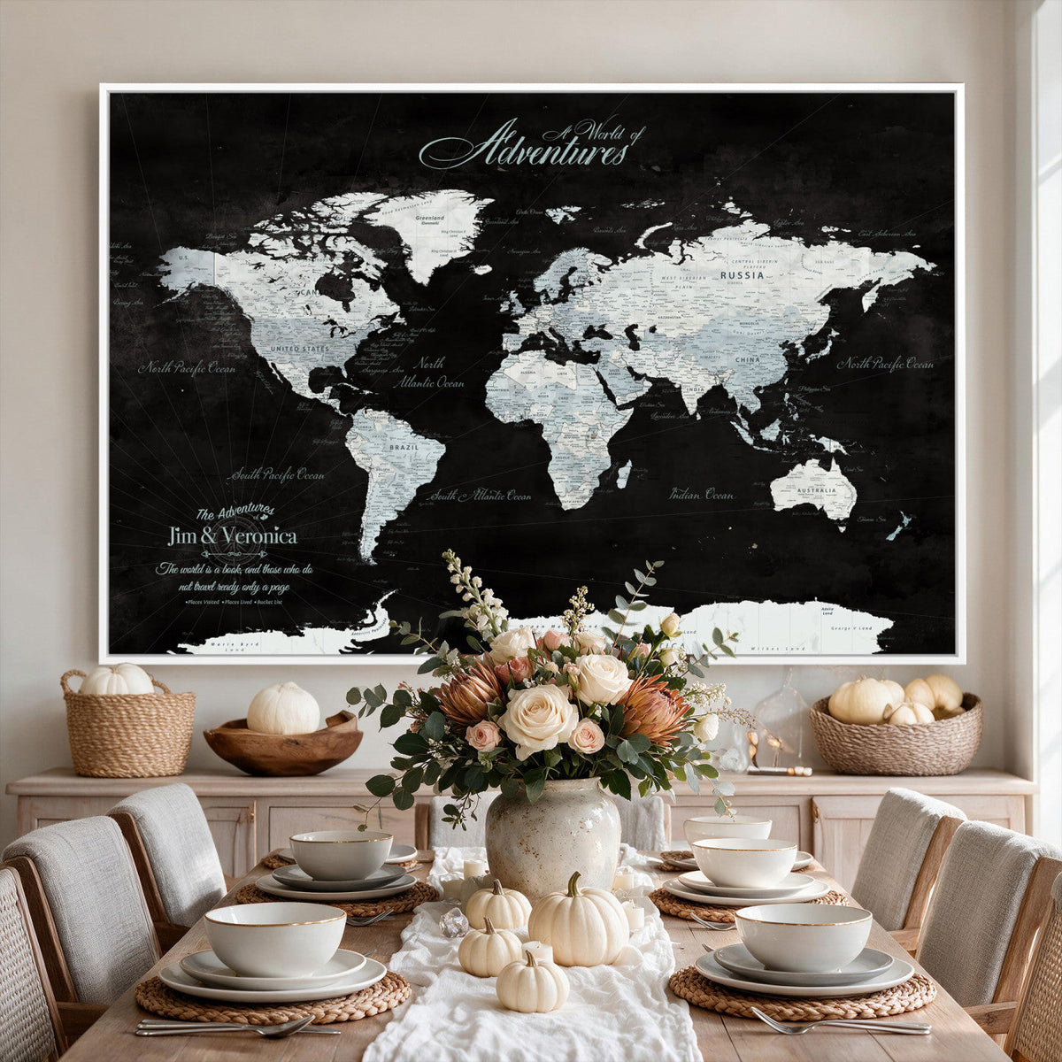 Custom Beige World Travel Map Wall Art with Pins, Places Visited Tracker, Bedroom and Home Office Decor