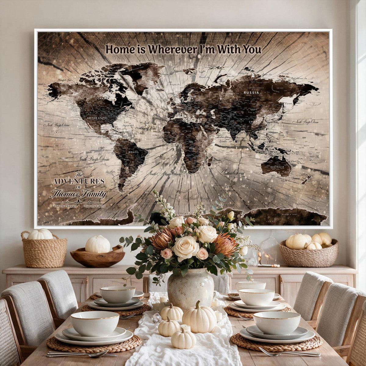 Personalized Push Pin World Map Wall Art Canvas Print, Customizable Framed Travel Map - NEWMAP-085