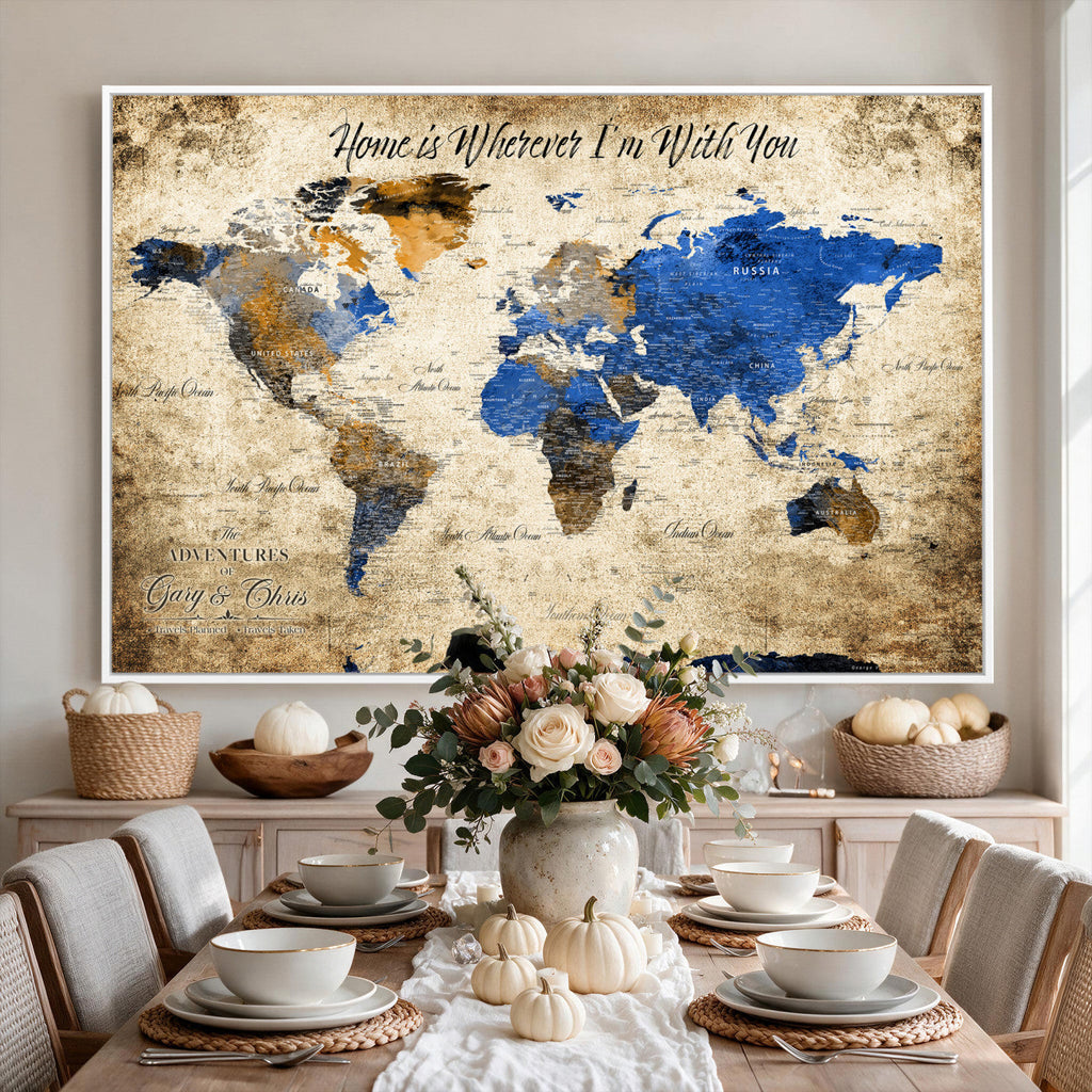 Personalized Framed Beige World Map Canvas with Push Pins, Honeymoon and Anniversary Gift, Living Room and Home Office Decor