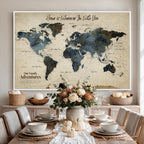 Personalized Framed Black Modern Push Pin Travel Map Canvas Print, Family Travel Tracker, Home Office and Entryway Decor