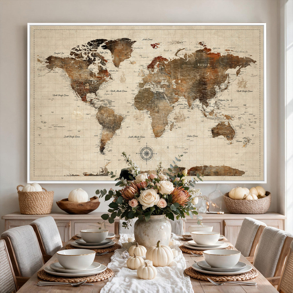 Vintage World Map Wall Art Canvas Print for Living Room, Office and Study