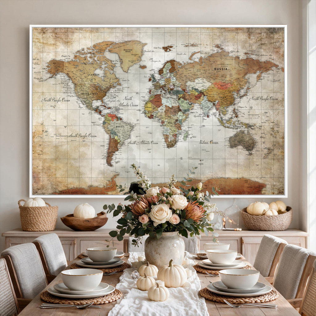 Custom Framed Modern Push Pin World Map Wall Art, Places Visited Tracker, Home Office and Entryway Decor