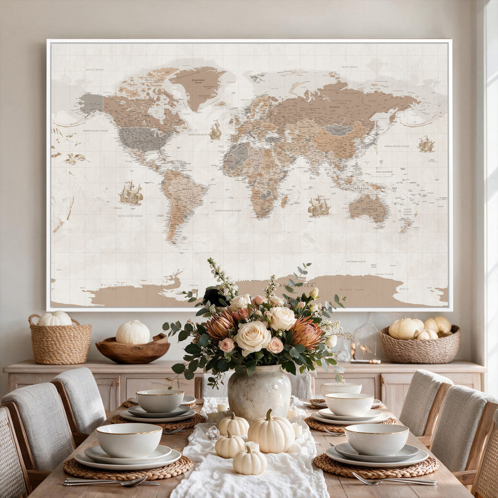 Framed Large World Map Canvas Print for Office Decor