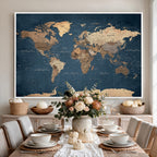 Navy Blue World Map Canvas Print | Framed Travel Map Wall Art