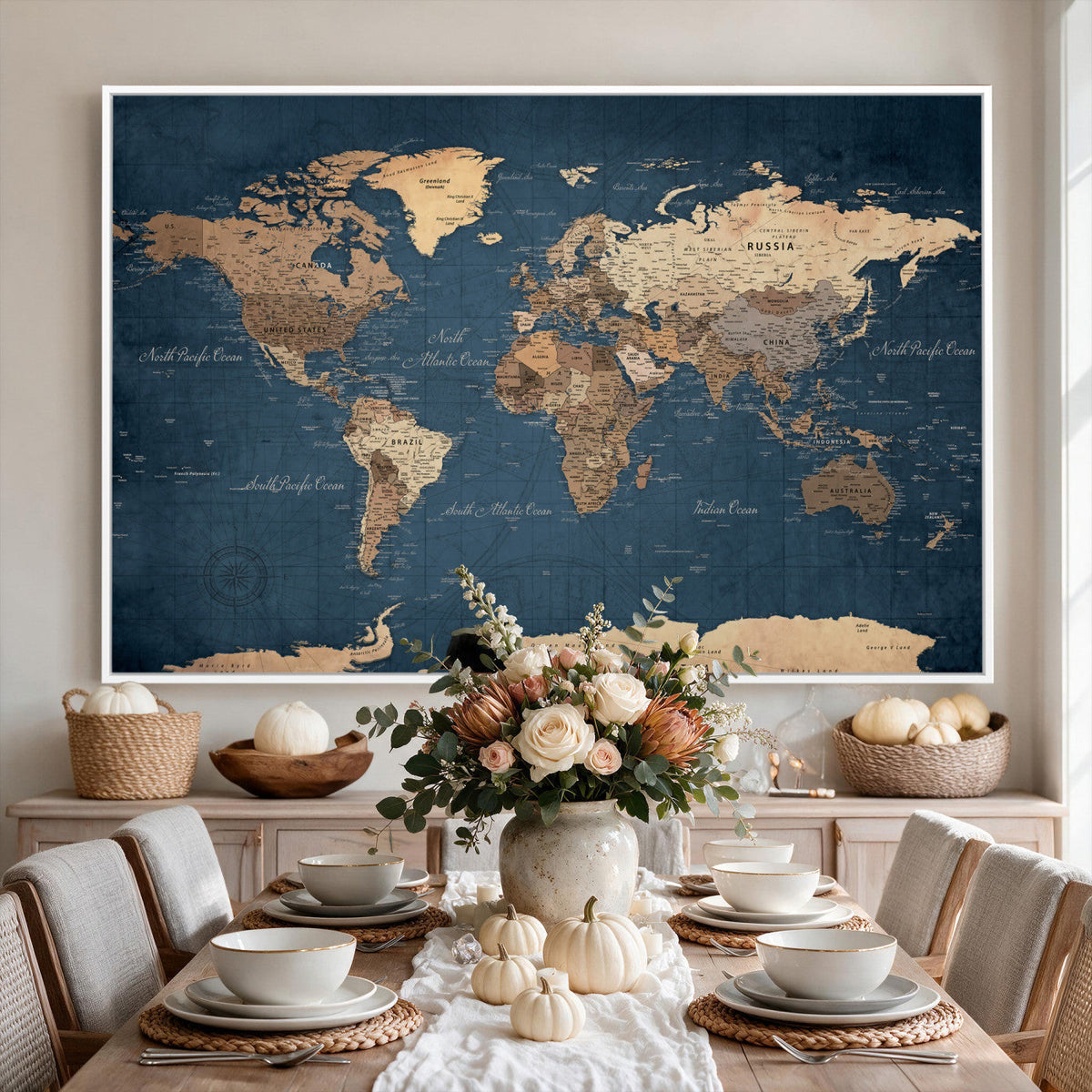 Navy Blue World Map Canvas Print | Framed Travel Map Wall Art